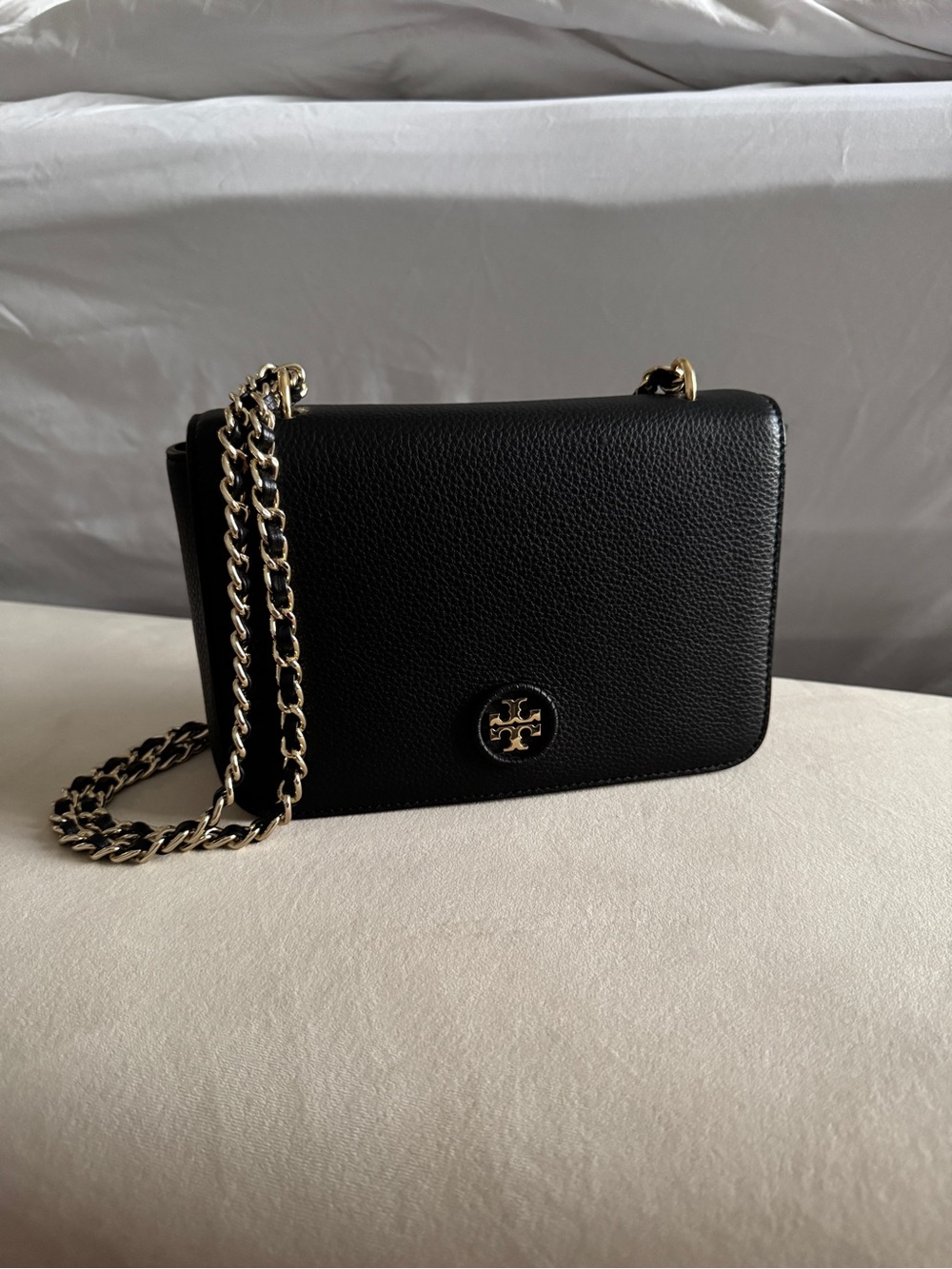 Tory Burch Black Leather Shoulder Bag with Gold Chain Strap